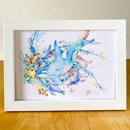 シャチと海の生き物 原画一点ものイラスト A5サイズ イラスト falso