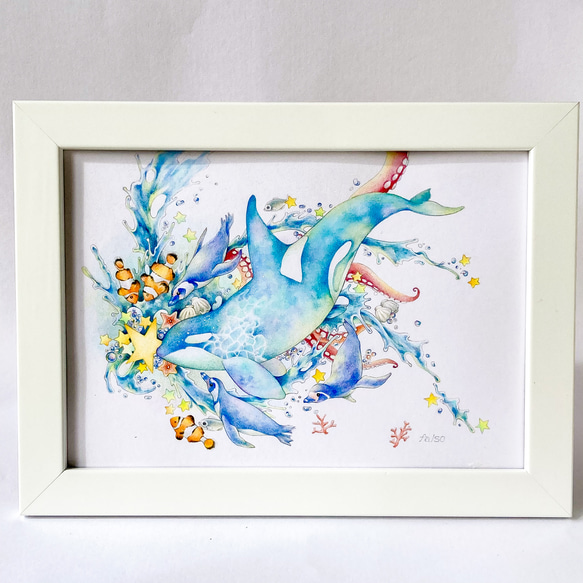 シャチと海の生き物 原画一点ものイラスト A5サイズ