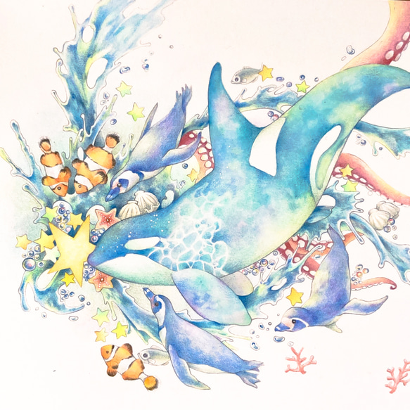 カラフルなシャチのキャンバスアート/ 原画の1点もの シャチと海の生き物 原画一点ものイラスト A5サイズ イラスト falso