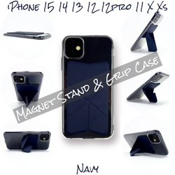 iPhone 15 14 13 12 12Pro 11 X Xs SE ケース スマホスタンド スマホグリップ ネイビー 1枚目の画像