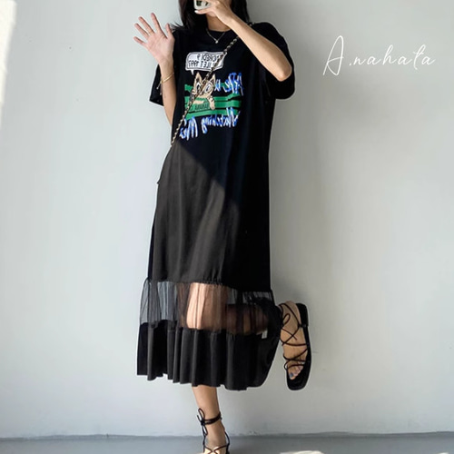 ⭐️new⭐️黒いチュールワンピース.着痩せTシャツスカート 