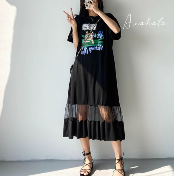 ⭐️new⭐️黒いチュールワンピース.着痩せTシャツスカート/ ファッション.人気.春夏.ゆったり　おしゃれなドレス 2枚目の画像