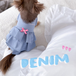 【3着限定】犬服　デニムニット×ビビットピンクリボン　ワンピース　犬の洋服　犬服ドレス　春夏服 1枚目の画像