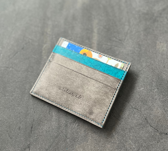 薄くて小さなフラグメントケース【グレー×ターコイズ】ミニ財布　イタリアンレザー　マルゴー 3枚目の画像