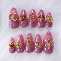 No.64 推し活ハートリボン ネイルチップ ピンク 推し 韓国 ネイル