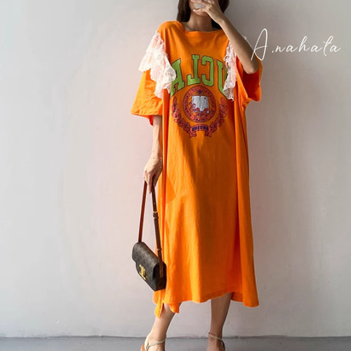 ⭐️new⭐️オレンジ色ロングTシャツワンピース.ゆったり着痩せ