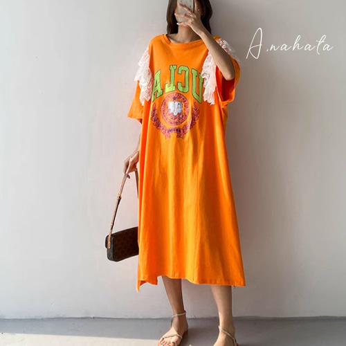 ⭐️new⭐️オレンジ色ロングTシャツワンピース.ゆったり着痩せ