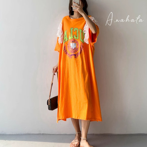 ⭐️new⭐️オレンジ色ロングTシャツワンピース.ゆったり着痩せ