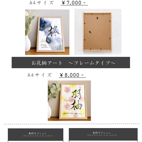 お花柄アート A4サイズ簡易フレーム付きｱﾙｺｰﾙｲﾝｸｱｰﾄ命名書 雑貨