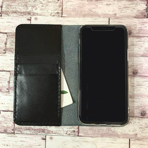 サイドポケット付き 栃木レザーiPhoneケース ブラック