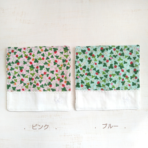いちごミニガーゼタオルハンカチ 15cm / リボン刺繍/ 小学生·幼稚園 
