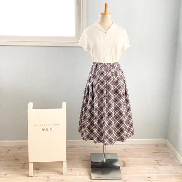 黒×白×エンジ チェック柄 USAコットンのスカート Sサイズ 3枚目の画像