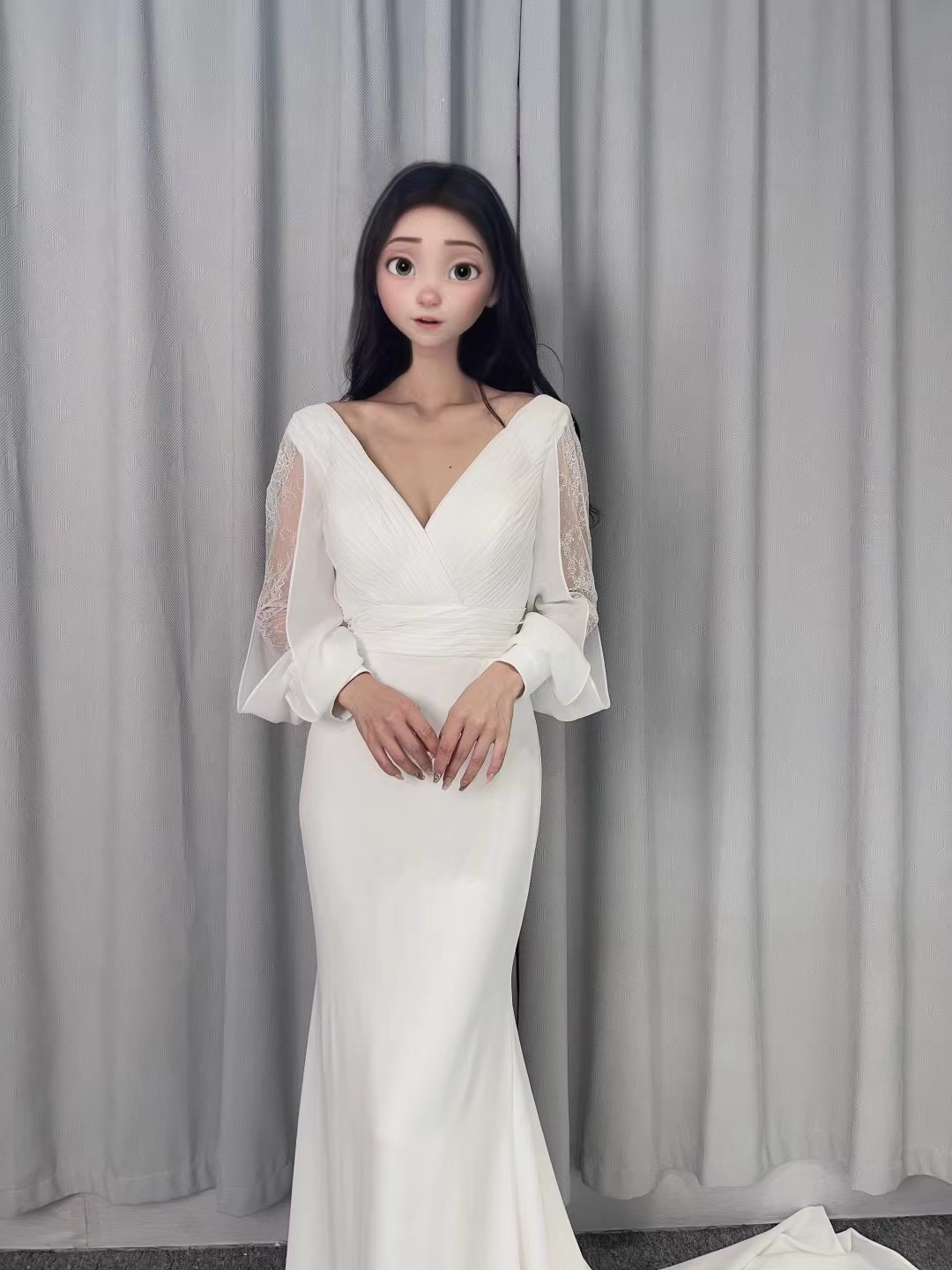 エレガント　高級サテン　マーメイドドレス　深めｖネック　くるみボタン　ロングトレーン　上品透け袖　お呼ばれ/結婚式二次会