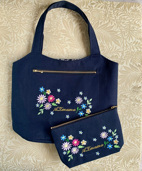 母の日ギフト　花束刺繍のトートバッグ&ポーチ 2枚目の画像