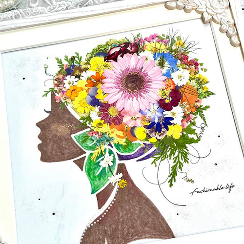 明るい南国の花娘さん 押し花アート額 その他アート 神戸六甲 優花