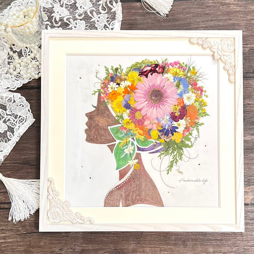 明るい南国の花娘さん 押し花アート額 その他アート 神戸六甲 優花