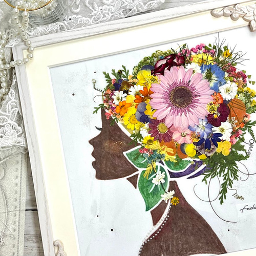 明るい南国の花娘さん 押し花アート額 その他アート 神戸六甲 優花