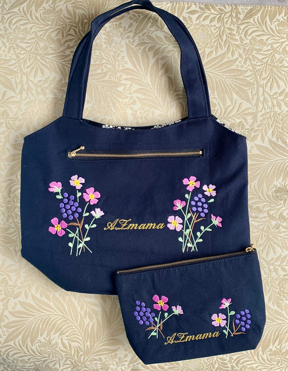 母の日ギフト　庭の花刺繍のトートバッグ&ポーチ 2枚目の画像