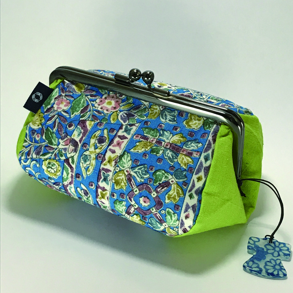 がま口ポーチ　更紗花鳥ターコイズ×黄緑