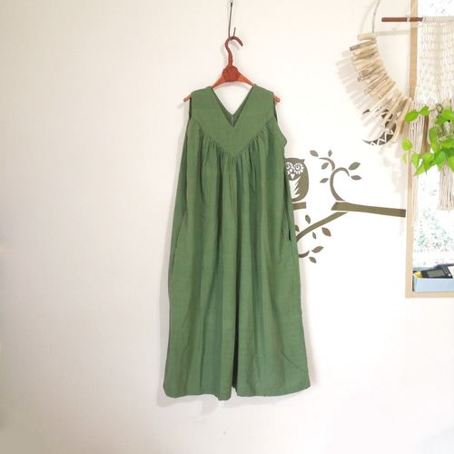 bighug 手織りコットンさちばるドレス○モスグリーン ワンピース holy  