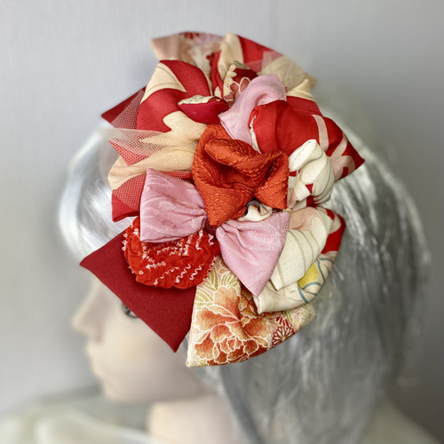 なつき様　ヘッドドレス　RED＆gold　champagne ribbon 七五三 髪飾り 古布リボン リボンヘッドドレス ボンネット ヘッド