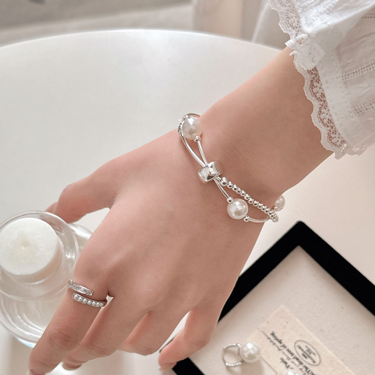 手作りビーズ925シルバー二重層真珠ブレスレットトランジットビーズストレッチブレスレット