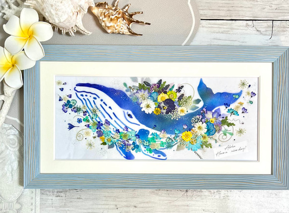南国の海を悠々と泳クジラさん 押し花アート額 その他アート 神戸六甲