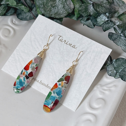 14kgf】ブレンドストーン ロングペアシェイプc ピアス（フック  