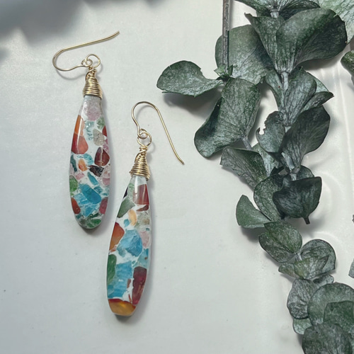 14kgf】ブレンドストーン ロングペアシェイプc ピアス（フック  