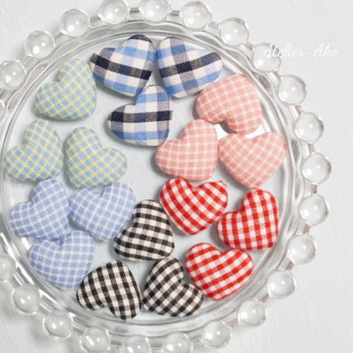 8個♡カボション チェック×ピンク クロス ハート デコパーツ Atelier  
