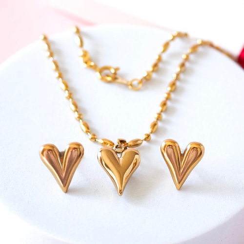 金属アレルギー対応 ぷっくりハート耳飾り&ネックレスセット ピアス