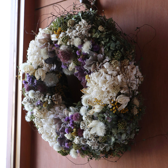 (38cm)  布花のアネモネとドライフラワーのアジサイとタンポポの綿毛のボリュームリース/開店祝い/母の日/店舗装飾 7枚目の画像