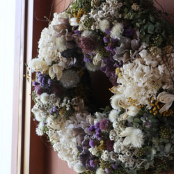 (38cm)  布花のアネモネとドライフラワーのアジサイとタンポポの綿毛のボリュームリース/開店祝い/母の日/店舗装飾 8枚目の画像