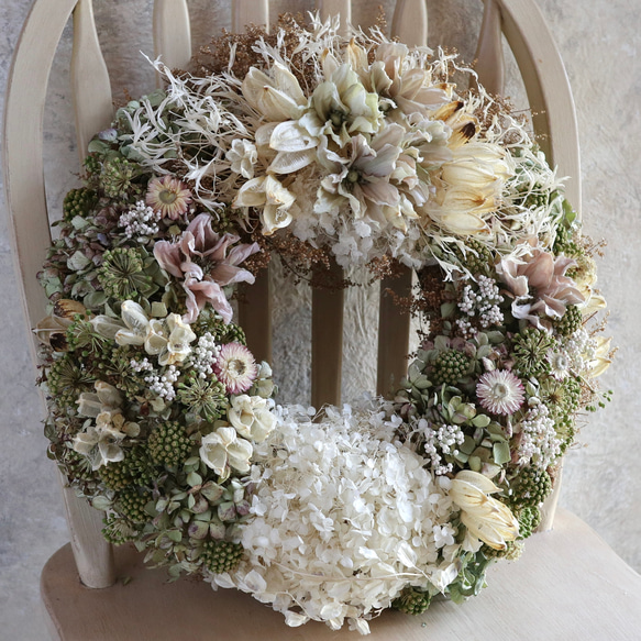 38cm) 布花のアネモネとドライフラワーのアジサイの春色ボリューム  