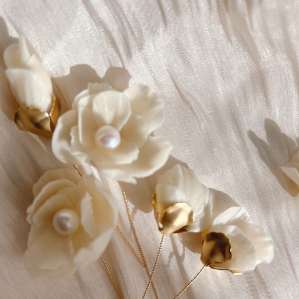 cream flower pearl pin 6set 5枚目の画像