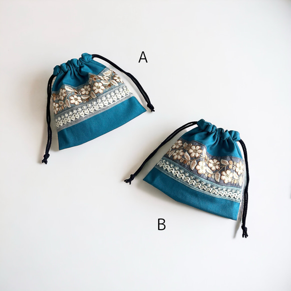 コットンリネン×インド刺繍 巾着ポーチ/巾着袋〈2色よりお選びいただけます〉 2枚目の画像