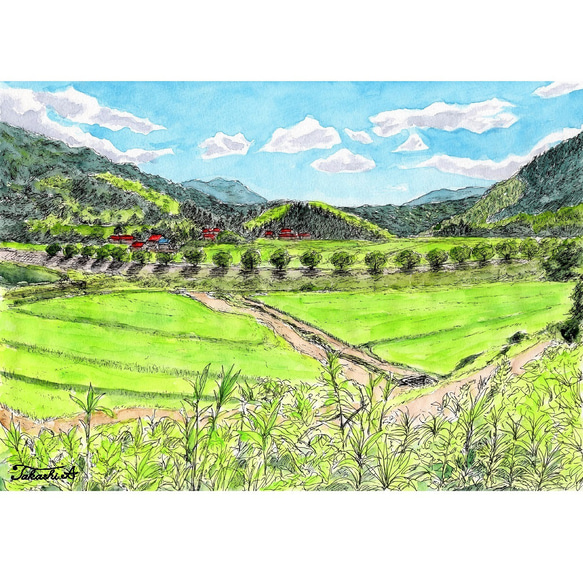 原画一点物 「緑が深い真夏の農村」 ＜ペンスケッチ＋透明水彩＞ 絵画
