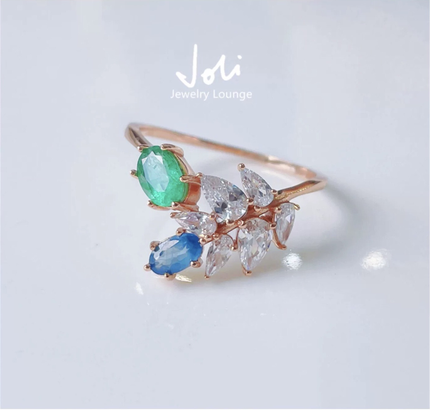 天然エメラルド・ブルーサファイア オーバル キラキラ ダブルストーンリング レトロ ゴージャス 指輪 グリーン 緑 青