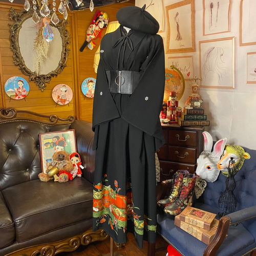 黒留袖 着物 和 モダン ハンドメイド リメイク ワンピース 黒留袖 着物 和 モダン ハンドメイド リメイク ワンピース