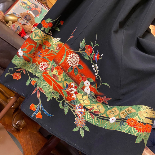 黒留袖 着物 和 モダン ハンドメイド リメイク ワンピース 黒留袖 着物 和 モダン ハンドメイド リメイク ワンピース