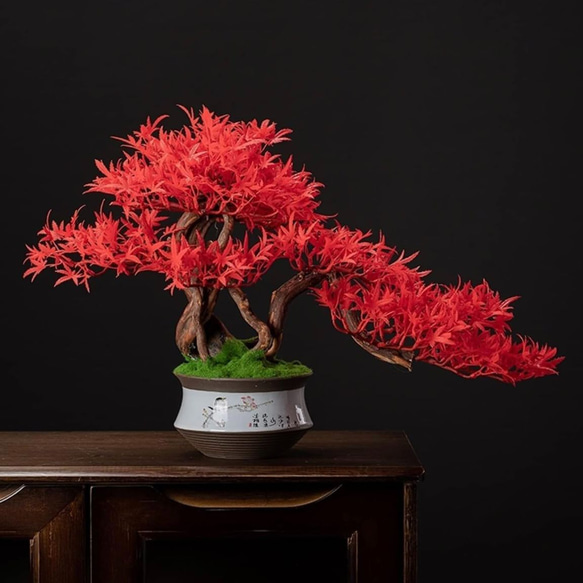 人工植物 盆栽風 緑 赤 盆栽 赤いカエデの葉 人工盆栽 人工観葉 35cm×55cm フェイクグリーン