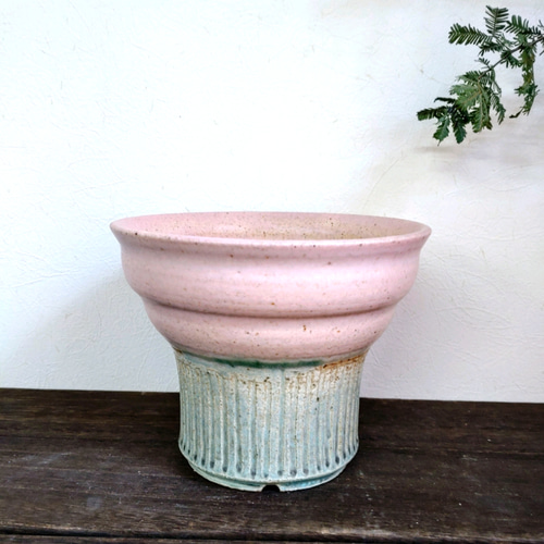 陶器の植木鉢 「ピンク」＋「ミントグリーン」 受け皿付 PARTー1 4号