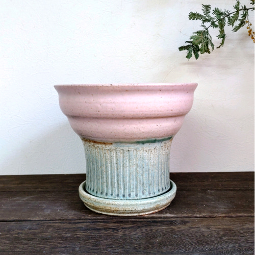 陶器の植木鉢 「ピンク」＋「ミントグリーン」 受け皿付 PARTー1 4号