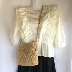 ＜受注制作＞内布付き お花模様 の 麻紐バッグ／サコッシュ / ショルダーバッグ (ナチュラル) ／ カゴバッグ 7枚目の画像