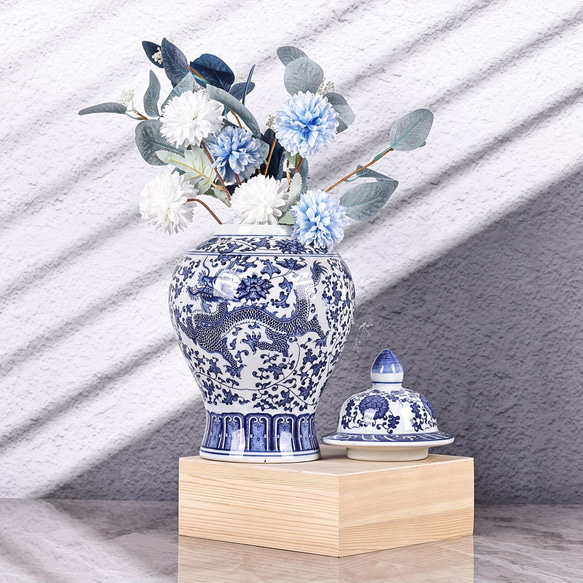 花瓶 青と白の磁器瓶 蓋付きセラミック青と白の瓶 中国のドラゴンパターン 装飾 ホームルーム a-309 3枚目の画像