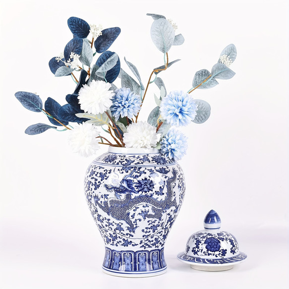 花瓶 青と白の磁器瓶 蓋付きセラミック青と白の瓶 中国のドラゴンパターン 装飾 ホームルーム a-309 7枚目の画像