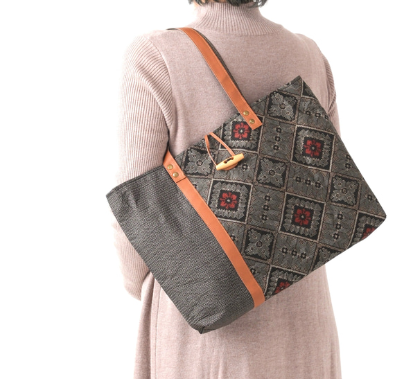 龍郷 大島紬×本革 着物リメイク トートバッグ 和装バッグ ハンドメイド A4 龍郷 大島紬×本革 着物リメイク トートバッグ 和装バッグ