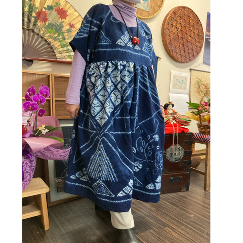 藍染め絞りのチュニック ハンドメイド チュニック 着物リメイク 順子