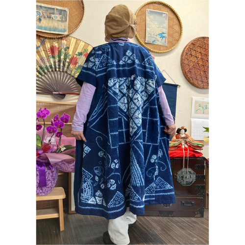 藍染め絞りのチュニック ハンドメイド チュニック 着物リメイク 順子