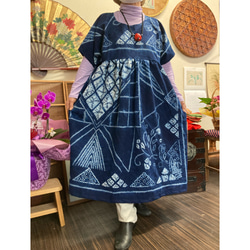 藍染め絞りのチュニック ハンドメイド チュニック 着物リメイク 順子